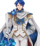  1boy blue_eyes blue_hair cosplay fire_emblem fire_emblem:_mystery_of_the_emblem fire_emblem:_seisen_no_keifu fire_emblem_heroes flower formal gloves groom looking_at_viewer male_focus marth marth_(cosplay) rem_sora410 short_hair sigurd_(fire_emblem) smile solo suit tuxedo weapon 