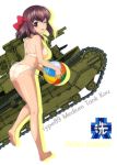  10s 1girl ;p absurdres ass barefoot bikini bow breasts brown_eyes brown_hair caterpillar_tracks character_name emblem full_body girls_und_panzer ground_vehicle hair_bow highres kondou_taeko leaning_forward long_hair looking_at_viewer looking_back medium_breasts military military_vehicle motor_vehicle one_eye_closed ooarai_(emblem) red_bow shiny shiny_skin sideboob simple_background solo standing swimsuit tank tongue tongue_out type_89_i-gou white_background white_bikini 