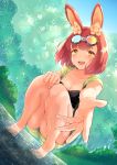  1girl animal_ears bangs barefoot blush breasts calm_mashiro cleavage day dutch_angle full_body goggles goggles_on_head hound_(sekaiju) legs looking_at_viewer medium_breasts open_mouth outdoors outstretched_arm pink_hair rabbit_ears river sekaiju_no_meikyuu sekaiju_no_meikyuu_5 short_hair shorts smile solo squatting strapless tiptoes tubetop vest water wet yellow_eyes 