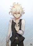  1boy artist_name bangs cowboy_shot eyebrows_visible_through_hair fate/apocrypha fate_(series) grey_hair hair_between_eyes half-closed_eyes hand_on_own_chest highres long_sleeves male_focus nikame parted_lips red_eyes sieg_(fate/apocrypha) signature slacks solo vest wavy_hair 