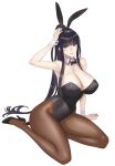  1girl animal_ears black_hair breasts bunnysuit choker daglasses erect_nipples eyebrows_visible_through_hair hand_on_head high_heels highres large_breasts leotard long_hair nail_polish original pale_skin ponytail rabbit_ears red_eyes smile solo thick_thighs thighs white_background 