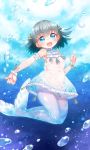  1girl :d air_bubble bare_shoulders black_hair blue_eyes bubble detached_sleeves dress eyebrows_visible_through_hair highres kito_(sorahate) looking_at_viewer mermaid monster_girl open_mouth original outstretched_arm see-through short_dress short_hair sleeveless sleeveless_dress smile solo twintails two_side_up underwater water white_dress 