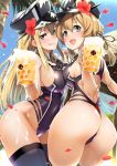  2girls alcohol anchor anchor_hair_ornament ass asymmetrical_docking beach beer beer_mug bismarck_(kantai_collection) blonde_hair blush breast_press breasts collar day detexted flower green_eyes hair_between_eyes hair_flower hair_ornament hat highres iron_cross kantai_collection large_breasts long_hair looking_at_viewer medium_breasts multiple_girls nylon one-piece_swimsuit open_mouth outdoors palm_tree peaked_cap petals prinz_eugen_(kantai_collection) purple_swimsuit sideboob straight_hair swimsuit thigh-highs tongue tongue_out tree twintails wet 