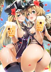  2girls alcohol anchor anchor_hair_ornament ass asymmetrical_docking beach beer beer_mug bismarck_(kantai_collection) blonde_hair blush breast_press breasts collar day detexted flower green_eyes hair_between_eyes hair_flower hair_ornament hat highres iron_cross kantai_collection large_breasts long_hair looking_at_viewer medium_breasts multiple_girls nylon one-piece_swimsuit open_mouth outdoors palm_tree peaked_cap petals prinz_eugen_(kantai_collection) purple_swimsuit sideboob straight_hair swimsuit thigh-highs tongue tongue_out tree twintails wet 