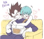  +++ 1boy 1girl ;) armor black_hair blue_eyes blue_hair blush blush_stickers bulma couch couple dragon_ball dragonball_z ear_blush eyebrows_visible_through_hair frown gloves heart hug hug_from_behind looking_at_another looking_away nervous number one_eye_closed short_hair simple_background sitting smile spiky_hair sweatdrop tkgsize translation_request vegeta white_background 