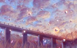  1girl bridge clouds cloudy_sky commentary_request cube fantasy grass long_hair magic original sakimori_(hououbds) scenery skirt sky solo standing 