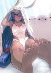  1girl aya_shobon barefoot blush covered_navel dark_skin earrings facial_tattoo fate/grand_order fate_(series) feet jewelry lifting_covers long_hair looking_at_viewer medjed necklace nitocris_(swimsuit_assassin)_(fate) one-piece_swimsuit purple_hair sitting soles swimsuit tattoo toes violet_eyes 