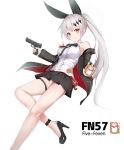  1girl badge bangs black_bow black_shoes black_skirt blouse blush bow breasts brown_eyes character_name closed_mouth eyebrows_visible_through_hair five-seven_(girls_frontline) five-seven_(gun) freedom_up frills girls_frontline grey_hair gun hair_bow hair_ornament hand_up handgun high_heels highres holding holding_gun holding_weapon hood hoodie long_hair looking_at_viewer medium_breasts miniskirt open_clothes open_hoodie pleated_skirt ponytail shoes sidelocks simple_background skirt smile solo thigh_strap trigger_discipline very_long_hair weapon white_background white_blouse 