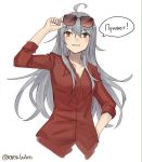  1girl blush breasts gangut_(kantai_collection) glasses glasses_on_head grey_hair kantai_collection long_hair looking_at_viewer medium_breasts orange_eyes red_shirt shirt smile solo sunglasses white_background yamashiki_(orca_buteo) 