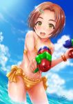  1girl bikini bracelet brown_hair cowboy_shot dutch_angle frilled_bikini frills from_below hair_ornament hairclip haruhata_mutsuki idolmaster idolmaster_cinderella_girls jewelry looking_at_viewer open_mouth ryuuzaki_kaoru short_hair side-tie_bikini sky solo swimsuit water_gun yellow_bikini yellow_eyes 