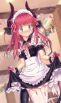  10s 1girl alternate_costume apron blue_eyes blush center_frills commentary_request dated detached_sleeves dragon_girl dragon_tail dress dress_lift enmaided fate/extra fate/extra_ccc fate/grand_order fate_(series) flying_sweatdrops garter_straps highres horns indoors lancer_(fate/extra_ccc) lifted_by_self long_hair looking_at_viewer maid maid_headdress miho_(dreamhutmino) neck_ribbon pink_hair pointy_ears puffy_sleeves ribbon slit_pupils solo tail thigh-highs twitter_username wavy_mouth white_legwear zettai_ryouiki 