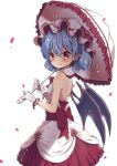  1girl alternate_costume bare_shoulders bat_wings beni_kurage blue_hair dress earrings fang_out flower gloves hair_between_eyes highres holding holding_umbrella jewelry looking_at_viewer looking_back open-back_dress parasol pointy_ears red_eyes red_rose remilia_scarlet rose sash simple_background smile solo touhou umbrella white_background white_dress white_gloves wings 