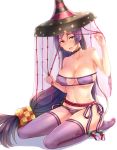  1girl bikini breasts choker cleavage collarbone fate/grand_order fate_(series) hat hips large_breasts long_hair minamoto_no_raikou_(fate/grand_order) minamoto_no_raikou_(swimsuit_lancer)_(fate) navel purple_bikini purple_hair purple_legwear simple_background solo swimsuit thigh-highs thighs very_long_hair violet_eyes white_background yuemanhuaikong 