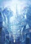  1girl blue city cityscape commentary_request dress highres long_hair original road sakimori_(hououbds) sky solo tower tree 