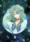  1girl bishoujo_senshi_sailor_moon blue_background blue_bow blue_eyes bow brooch character_name circlet deep_aqua_mirror earrings green_choker green_hair green_sailor_collar jewelry kaiou_michiru looking_at_viewer magical_girl neptune_symbol nickii25 parted_lips sailor_neptune short_hair smile solo wavy_hair 