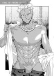  1boy abs adonis_belt chains character_name copyright_name cowboy_shot dark_skin dark_skinned_male ear_piercing greyscale jewelry king_of_prism_by_prettyrhythm looking_at_viewer male_focus mizuryuu_kei monochrome necklace nipples outside_border piercing pretty_rhythm shiny shiny_skin short_hair solo sweatdrop unbuttoned_pants undercut undressing yamato_alexander 