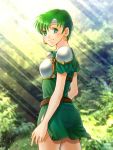  1girl armor breastplate earrings fire_emblem fire_emblem:_seisen_no_keifu forest green_eyes green_hair headband indoors jewelry komugikomix looking_at_viewer nature outdoors pauldrons phee_(fire_emblem) skirt smile solo twitter_username 
