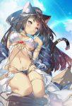  1girl :3 :p animal_ears arm_at_side armlet bangs bare_shoulders black_hair blue_sky bracelet breasts bright_pupils cat_ears cat_tail clouds cloudy_sky dark_skin day dutch_angle egyptian_clothes folded_leg hair_ornament jewelry long_hair medium_breasts midriff navel one_side_up original outdoors paw_pose pink_eyes pyramid revealing_clothes saru seiza sitting sky slit_pupils solo tail tail_ornament thighlet tongue tongue_out 