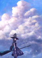  1girl black_eyes black_hair blue_sky broom clouds cloudy_sky hat holding holding_broom long_hair looking_at_viewer original sakimori_(hououbds) scenery short_sleeves sky smile solo thigh-highs witch witch_hat 