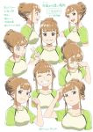  &gt;:&lt; 1girl ^_^ bangs blunt_bangs brown_hair character_sheet clenched_hand closed_eyes collarbone commentary_request constricted_pupils green_shirt grey_eyes grin hair_bun half_updo hand_on_own_face highres hiyori_mizuki looking_at_viewer miyake_hinata open_mouth profile scratching_head shirt sidelocks smile sora_yori_mo_tooi_basho sweatdrop tears translation_request upper_body v white_background 