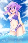  1girl bikini blush hair_ornament highres looking_at_viewer navel neptune_(choujigen_game_neptune) neptune_(series) ocean open_mouth purple_hair short_hair solo swimsuit violet_eyes wading water 