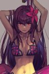  1girl armpits bikini breasts collarbone fate/grand_order fate_(series) flower grin hair_flower hair_ornament hankuri looking_at_viewer navel red_eyes scathach_(fate/grand_order) scathach_(swimsuit_assassin)_(fate) shade simple_background smile solo swimsuit violet_eyes 