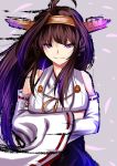  &gt;:) 1girl ahoge akeyama_kitsune bare_shoulders breasts brown_hair closed_mouth cowboy_shot crossed_arms detached_sleeves double_bun hairband headgear japanese_clothes kantai_collection kongou_(kantai_collection) large_breasts long_hair looking_at_viewer nontraditional_miko ribbon-trimmed_sleeves ribbon_trim sidelocks smile solo violet_eyes 