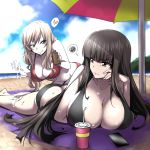  &gt;:( 10s 2girls bangs beach beach_umbrella bikini black_bikini black_hair blue_sky blunt_bangs blush breasts brown_eyes cellphone cleavage closed_mouth clouds cloudy_sky collarbone day foreshortening girls_und_panzer green_eyes grey_hair heart large_breasts long_hair looking_at_another lotion lying mature multiple_girls nakahira_guy nishizumi_shiho on_stomach outdoors phone red_bikini shimada_chiyo sky smartphone smile spoken_heart spoken_squiggle squiggle sweat swimsuit umbrella 