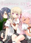  3girls :d ;) bench black_hair black_legwear blonde_hair bracelet braid bush chloe_von_einzbern dark_skin eyebrows_visible_through_hair fate/kaleid_liner_prisma_illya fate_(series) finger_to_mouth grey_skirt hair_ribbon hand_on_another&#039;s_shoulder highres hisagiyuu illyasviel_von_einzbern jewelry long_hair looking_at_viewer miyu_edelfelt multiple_girls one_eye_closed open_mouth pink_hair puffy_short_sleeves puffy_sleeves red_eyes ribbon short_sleeves side_ponytail sitting skirt smile socks thigh-highs tree white_legwear yellow_eyes 