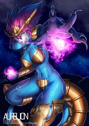  1girl artist_name aurelion_sol_(league_of_legends) blue_eyes blue_skin breasts character_name cleavage dragon_horns dragon_tail fangs furry genderswap genderswap_(mtf) horns league_of_legends midriff navel negister personification purple_hair solo star_(sky) tail tattoo teeth watermark web_address 