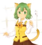  1girl :&lt; animal_ears artist_name blush dark_skin eyebrows forked_eyebrows gochuumon_wa_usagi_desu_ka? green_hair hannah_blaze highres pop-up_story rabbit_house_uniform ribbon skirt solo tail tiger_ears tiger_tail vetica 