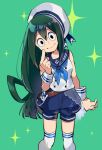  10s 1girl alternate_costume asui_tsuyu black_eyes boku_no_hero_academia commentary_request finger_to_mouth green_background green_hair hat jinno_(megacake) long_hair looking_at_viewer puffy_shorts sailor sailor_collar sailor_hat shirt shorts simple_background sleeveless sleeveless_shirt smile solo sparkle 