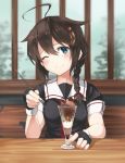  1girl ahoge bangs black_gloves black_serafuku blue_eyes blurry blurry_background blush braid breasts brown_hair closed_mouth commentary commentary_request dot_nose fingerless_gloves food glass gloves hair_ornament hair_ribbon hand_on_table head_tilt holding holding_spoon ice_cream kantai_collection looking_at_viewer medium_breasts necktie one_eye_closed parfait pov_across_table red_necktie red_ribbon ribbon sailor_collar school_uniform serafuku shigure_(kantai_collection) short_sleeves sitting smile solo table tress_ribbon tsukira_(amayadori) 