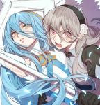  2girls aqua_(fire_emblem_if) blue_hair cousins dress elbow_gloves female_my_unit_(fire_emblem_if) fire_emblem fire_emblem_if gloves hair_between_eyes hairband jewelry long_hair looking_at_viewer multiple_girls my_unit_(fire_emblem_if) open_mouth veil very_long_hair yellow_eyes zuizi 