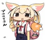  1girl animal_ears backpack bag blonde_hair brown_eyes character_pin common_raccoon_(kemono_friends) cosplay fennec_(kemono_friends) hachikuji_mayoi hachikuji_mayoi_(cosplay) kanikama kemono_friends lowres monogatari_(series) solo translated white_background 