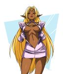  blonde_hair breasts brown_eyes closed_mouth commentary cowboy_shot dark_skin dress elf gloves headband jewelry large_breasts lipstick long_hair looking_at_viewer makeup navel necklace no_bra open_clothes pinup pirotess pointy_ears purple_dress purple_gloves record_of_lodoss_war red_lipstick short_sleeves standing typo_(requiemdusk) very_long_hair 