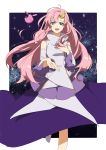  1girl akari_h blue_eyes floating_hair gundam gundam_seed hair_ornament hand_on_own_chest haro lacus_clyne long_hair long_skirt looking_at_viewer open_mouth outstretched_hand pink_hair skirt smile 