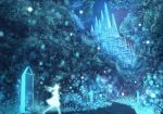  1girl ahoge castle dress fantasy forest glowing long_hair magic nature original road running sakimori_(hououbds) scenery solo 