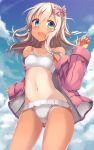  1girl :d alternate_costume blonde_hair blue_eyes clouds day highres hinauri_(nurupon) jacket kantai_collection long_hair long_sleeves open_clothes open_jacket open_mouth pink_jacket ro-500_(kantai_collection) sky smile solo stomach tan tanline 