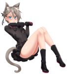  1girl :&lt; ange_(princess_principal) animal_ears blue_eyes boots braid cat_ears cat_tail commentary full_body fur-trimmed_sleeves fur_collar fur_trim gloves grey_hair hair_between_eyes hair_ribbon kemonomimi_mode looking_at_viewer paw_pose princess_principal ribbon short_hair simple_background solo tail twrlare white_background 