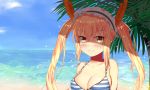  1girl absurdres beach bikini blonde_hair blush breasts cleavage day dragon_horns highres horns kobayashi-san_chi_no_maidragon large_breasts long_hair looking_at_viewer maid_headdress ocean orange_eyes outdoors palm_tree sky smile solo striped striped_bikini swimsuit tooru_(maidragon) tree twintails upper_body very_long_hair xiao_xiao_touming 