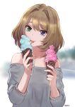  1girl artist_name bare_shoulders blue_eyes brown_hair commentary_request food green_eyes heterochromia ice_cream ice_cream_cone idolmaster idolmaster_cinderella_girls licking looking_at_viewer meto31 mole mole_under_eye off-shoulder_sweater short_hair simple_background sleeves_pushed_up solo sweater takagaki_kaede upper_body 