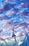  1girl ahoge bare_arms bare_shoulders black_hair blue blue_dress blue_sky clenched_hand clouds cloudy_sky dress grass highres kneehighs long_hair original ponytail sakimori_(hououbds) scenery sky solo 