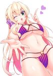  1girl ;d absurdres bikini blonde_hair blush breasts cleavage girlfriend_(kari) green_eyes heart highres long_hair looking_at_viewer mochizuki_erena navel one_eye_closed open_mouth purple_bikini shiorin1910 simple_background smile solo swimsuit teeth white_background 