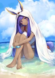  1girl animal_ears bangs bare_legs barefoot beach bed_sheet blue_sky blunt_bangs breasts closed_mouth clouds cloudy_sky competition_swimsuit dark_skin day earrings fate/grand_order fate_(series) feet fisheye haruato highres hoop_earrings jewelry knees_up legs lens_flare long_hair looking_at_viewer low-tied_long_hair medium_breasts nitocris_(swimsuit_assassin)_(fate) ocean one-piece_swimsuit outdoors purple_hair sidelocks sitting sky smile solo swimsuit thighs toes very_long_hair violet_eyes white_swimsuit 