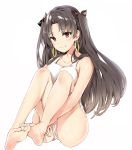  1girl bangs bare_legs barefoot black_bow black_hair blush bow closed_mouth collarbone earrings eyebrows_visible_through_hair fate/grand_order fate_(series) feet hair_bow highres hoop_earrings ishtar_(fate/grand_order) jewelry knees_up legs legs_together long_hair looking_at_viewer one-piece_swimsuit parted_bangs red_eyes silver_(chenwen) simple_background sitting smile soles solo swimsuit thighs toes tohsaka_rin two_side_up white_background white_swimsuit 