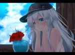  1girl alternate_costume black_border black_hat blue_eyes border clouds cloudy_sky drink drinking_straw flat_cap gengetsu_chihiro hair_between_eyes hat hibiki_(kantai_collection) kantai_collection letterboxed long_hair red_flower silver_hair sky smile solo 