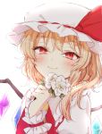  1girl ascot bangs blonde_hair bloom blush closed_mouth crystal fang flandre_scarlet flower frilled_shirt_collar frills hat hat_ribbon honotai looking_at_viewer mob_cap red_eyes ribbon side_ponytail smile solo touhou wings wrist_cuffs 
