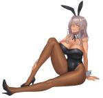  1girl animal_ears breasts bunnysuit choker daglasses dark_skin erect_nipples eyebrows_visible_through_hair hand_on_leg high_heels highres huge_breasts large_breasts leotard looking_at_viewer medium_hair nail_polish original rabbit_ears silver_hair sitting_on_floor smile solo tan thick_thighs thighs white_background yellow_eyes 