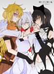  3girls black_hair blake_belladonna blonde_hair blue_eyes breasts cleavage commentary_request detached_sleeves earrings fingerless_gloves gloves jacket jewelry monokuro_(sekahate) multiple_girls navel necklace pantyhose rwby sandwiched scar scar_across_eye violet_eyes white_hair winter_schnee yang_xiao_long yellow_eyes yuri 